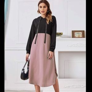 two color slit drawstring hooded dress new size S